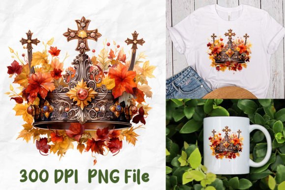 Jesus Christ King Crown Cross Fall Leaf T-Shirt Designs